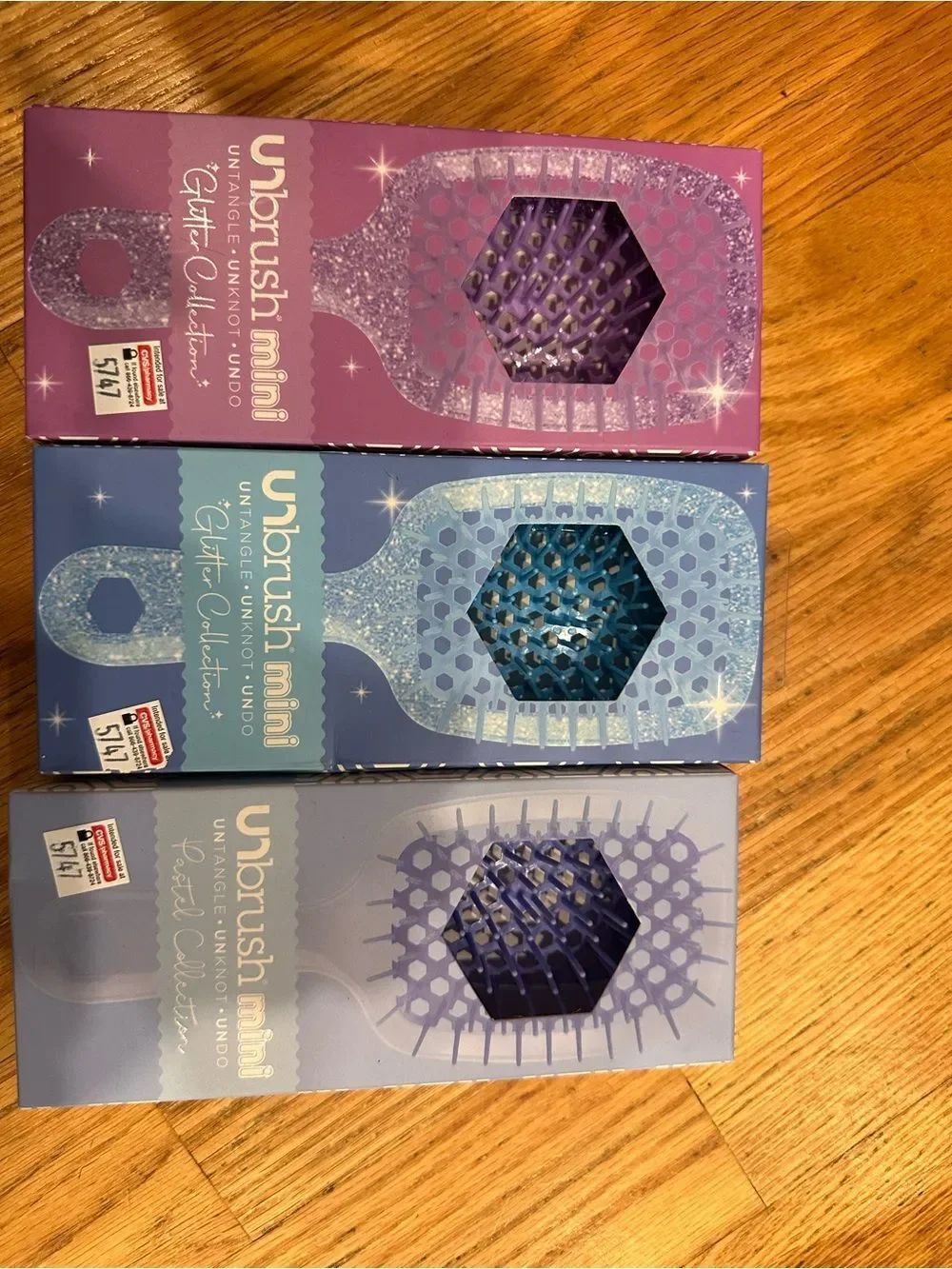 3-UNbrush mini glitter detangling hair brush - purple & blue bundle